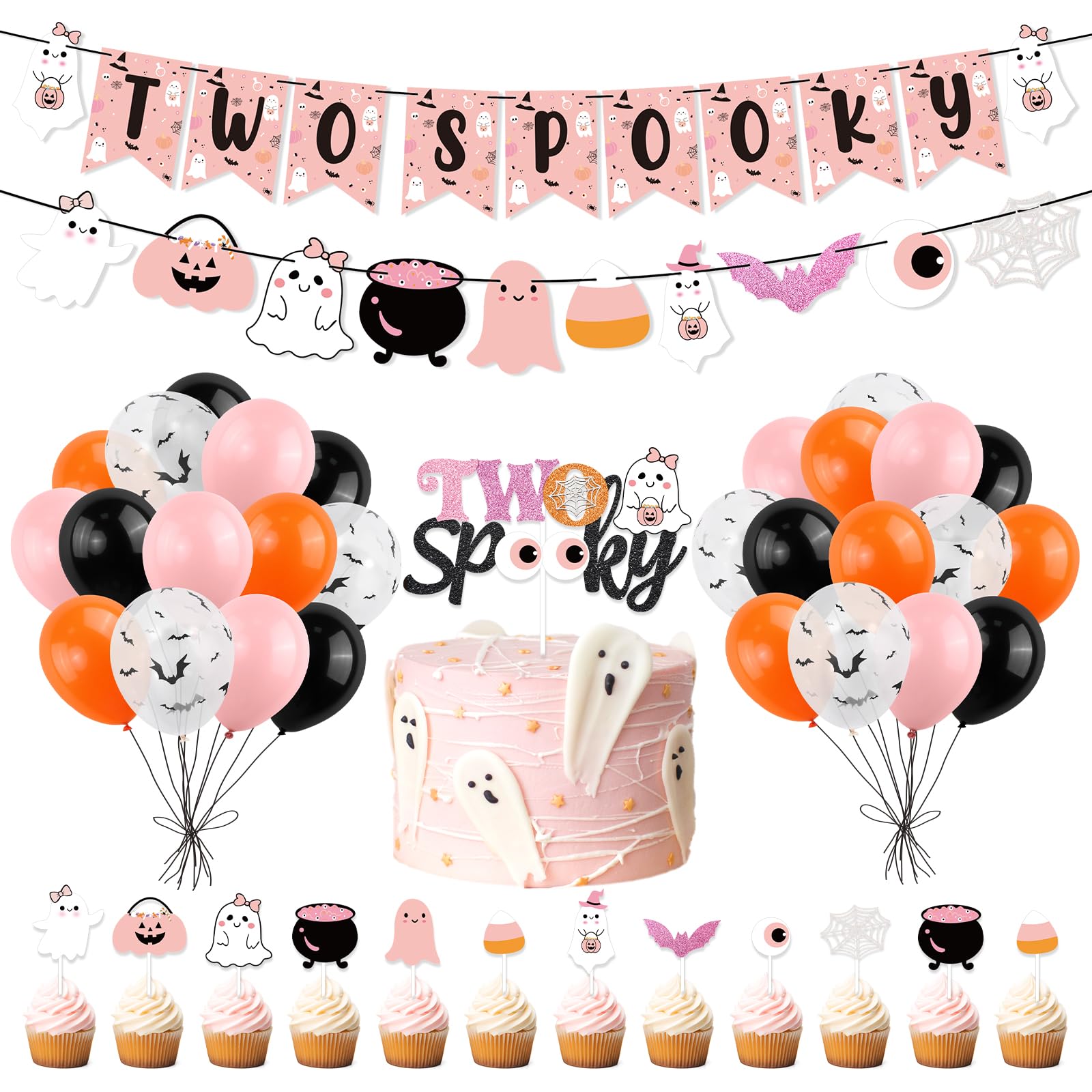 Girls Halloween 2nd Birthday Party Decor, Halloween Two Spooky Banner Cute Ghost Cake Topper Balloons for Halloween Theme Little Boo Second Birthday Happy Boo Day Boo Im Two Baby Shower Party Supplies