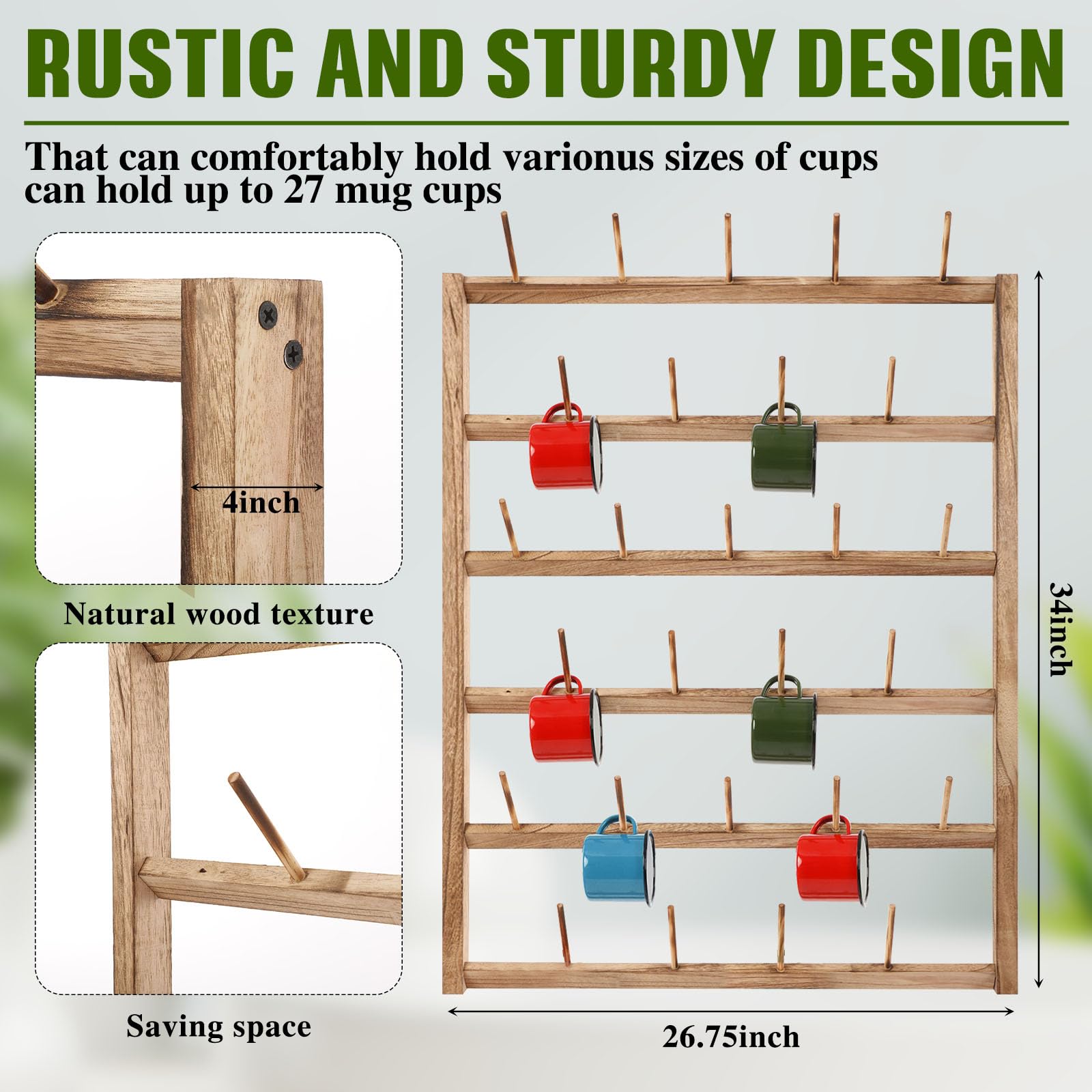 Blosssound Wall Mounted Oversize Coffee Mug Rack Rustic Wood Mug Rack Wall Mounted Storage for 27 Cups Mug Holder Wall Mounted Jar Plate Holder for Home Display and Collection, 34 x 26.75 x 4 Inches