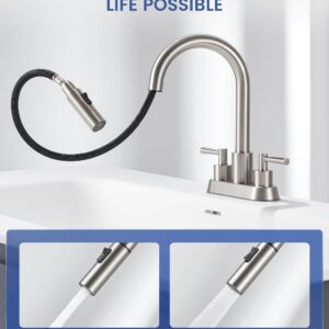 FELIXBATH Bathroom Sink Faucet with Pull Out Sprayer 2 Handles, Brushed Nickel Pull Down Bathroom Faucet 3 Holes, 4 Inch Sink Faucet Bathroom, 360 Degree Swivel Spout, Pop Up Drain Assembly Included