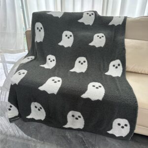 Halloween Ghost Throw Blanket, Ghost Pattern Blanket, Microfiber Ghost Flannel Blanket, Soft Cozy Plush Spooky Halloween Blanket for Bed Sofa Couch Home Decor (Black, 50" x 60")