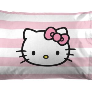 Jay Franco Hello Kitty Pink Stripes & Hearts Twin Size Sheet Set - Super Soft 3 Piece Bedding Set - Microfiber Sheets Include Reversible Pillow Cover