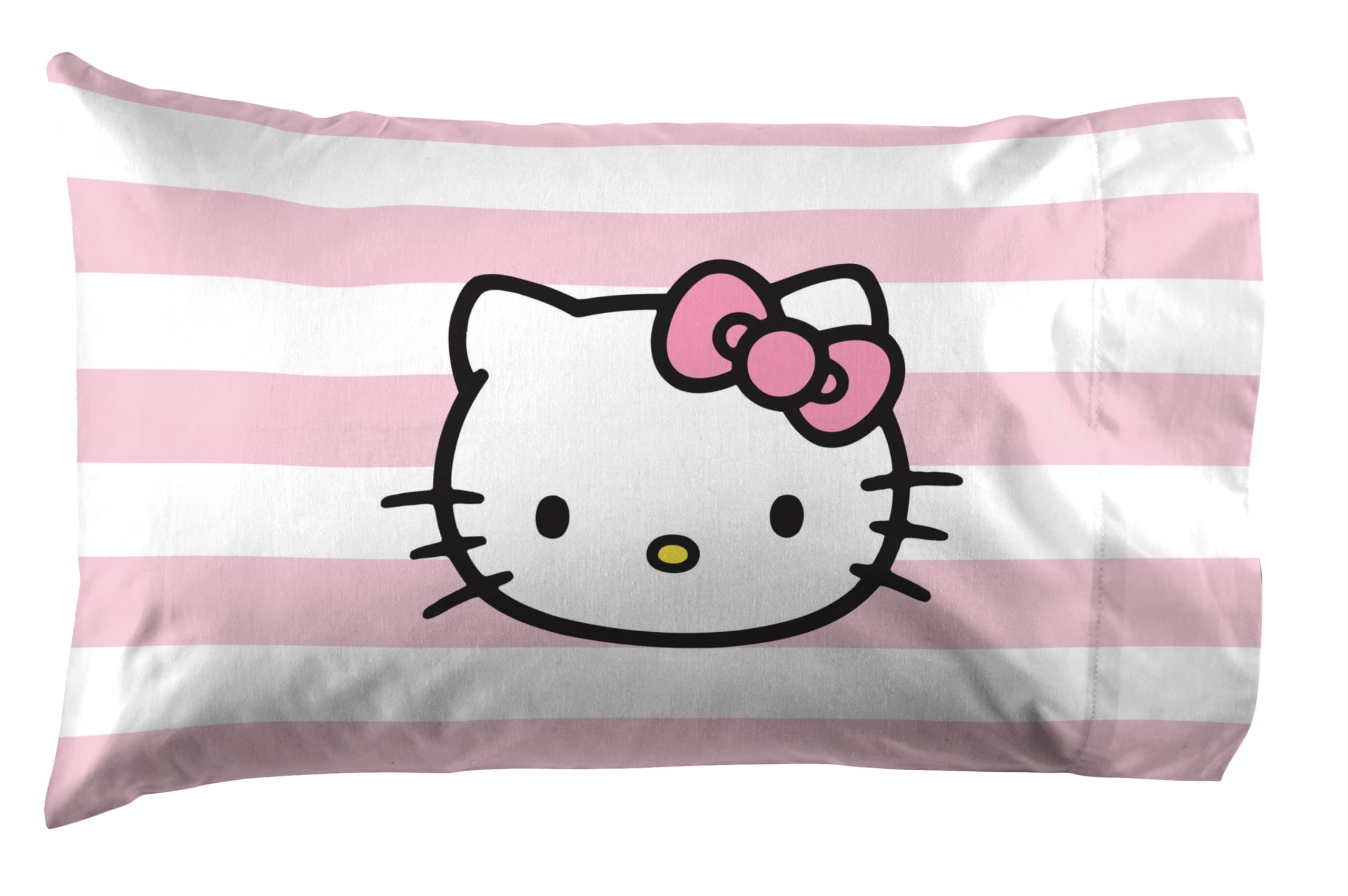 Jay Franco Hello Kitty Pink Stripes & Hearts Twin Size Sheet Set - Super Soft 3 Piece Bedding Set - Microfiber Sheets Include Reversible Pillow Cover