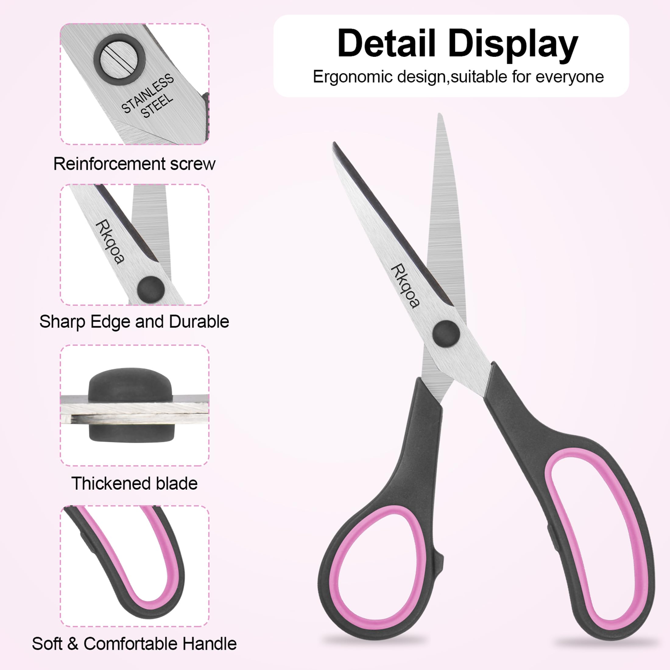 Black-Pink Scissors Set, Rkqoa 8" Scissors All Purpose 6 Pack - Comfort-Grip Sharp Scissors for Office School Sewing Craft Supplies, Classroom Must have, Teacher/Class Scissor, Right/Left Handles