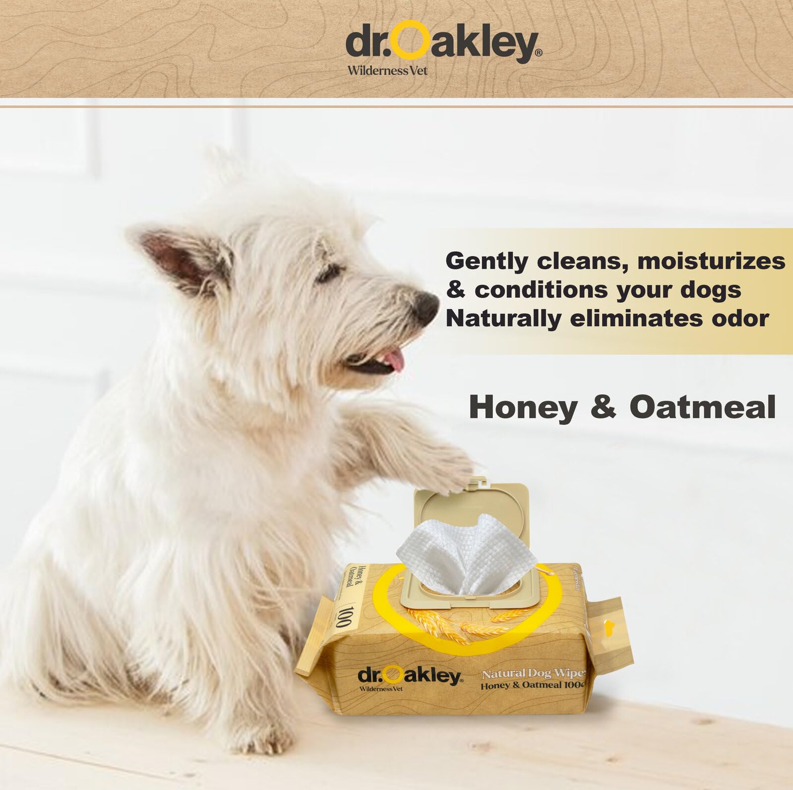 Dr. Oakley Daily Natural Dog Wipes, Honey & Oatmeal, 100 Ct, Gentle, Moisturizing, Odor-Eliminating, Alcohol-Free, Vet Approved