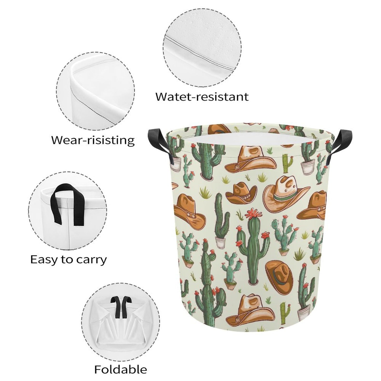 TsyTma Western Themed Cactus Laundry Basket Cowboy Small Laundry Hamper Collapsible Clothes Hamper with Handles Round Toy Organizer Bin for Kid's Room Office Nursery Hamper Home Decor