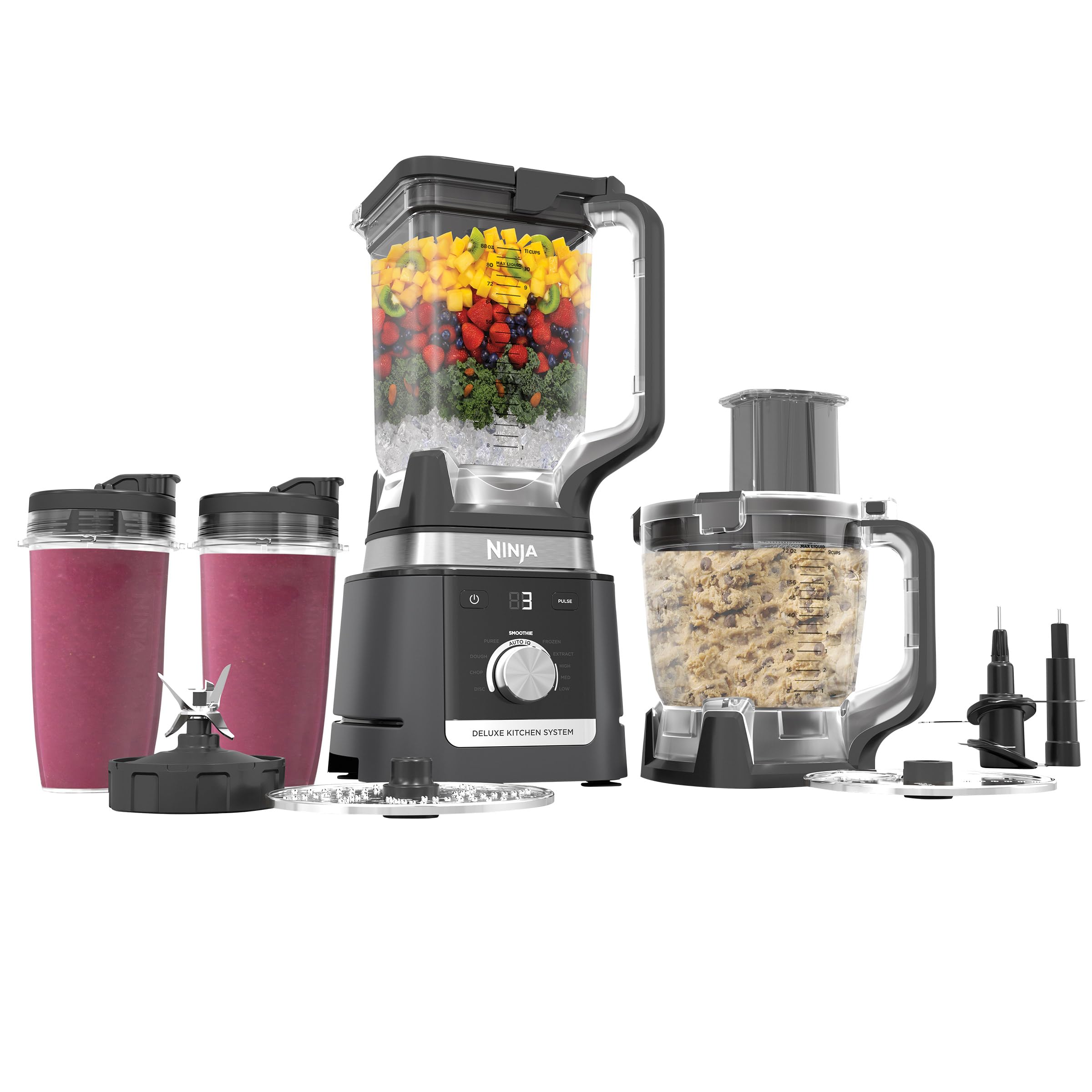 Ninja CO905KS Deluxe Kitchen System, 1600 WP Auto-IQ Base, 88-oz. Picther, 9-cup Deluxe Food Processor, (2) 24-oz. Single-Serve Cups