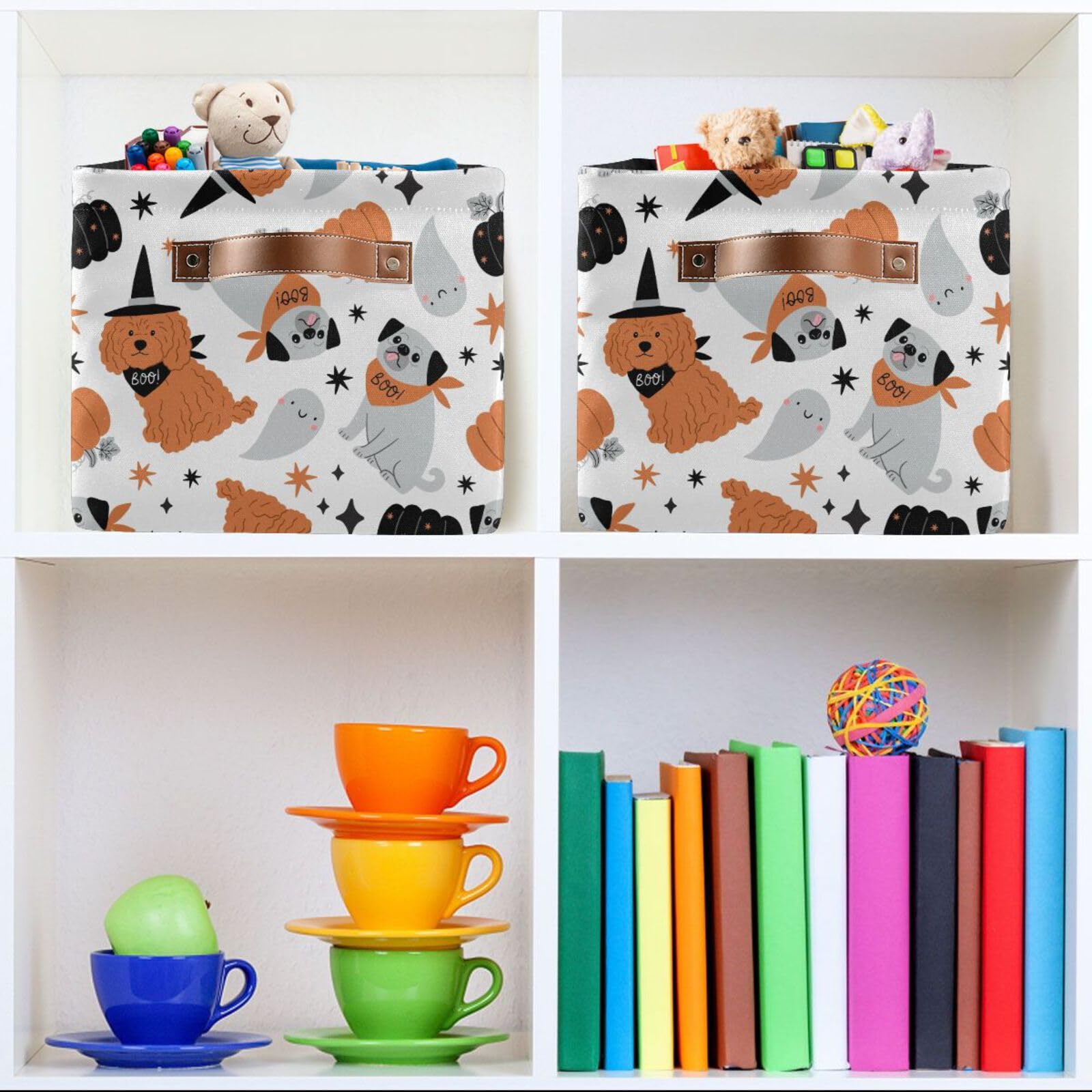 Kigai Halloween Dogs Storage Basket with Handles Collapsible Storage Bins Canvas Fabric Storage Organizer for Shelves Closet Bedroom Living Room 1Pack