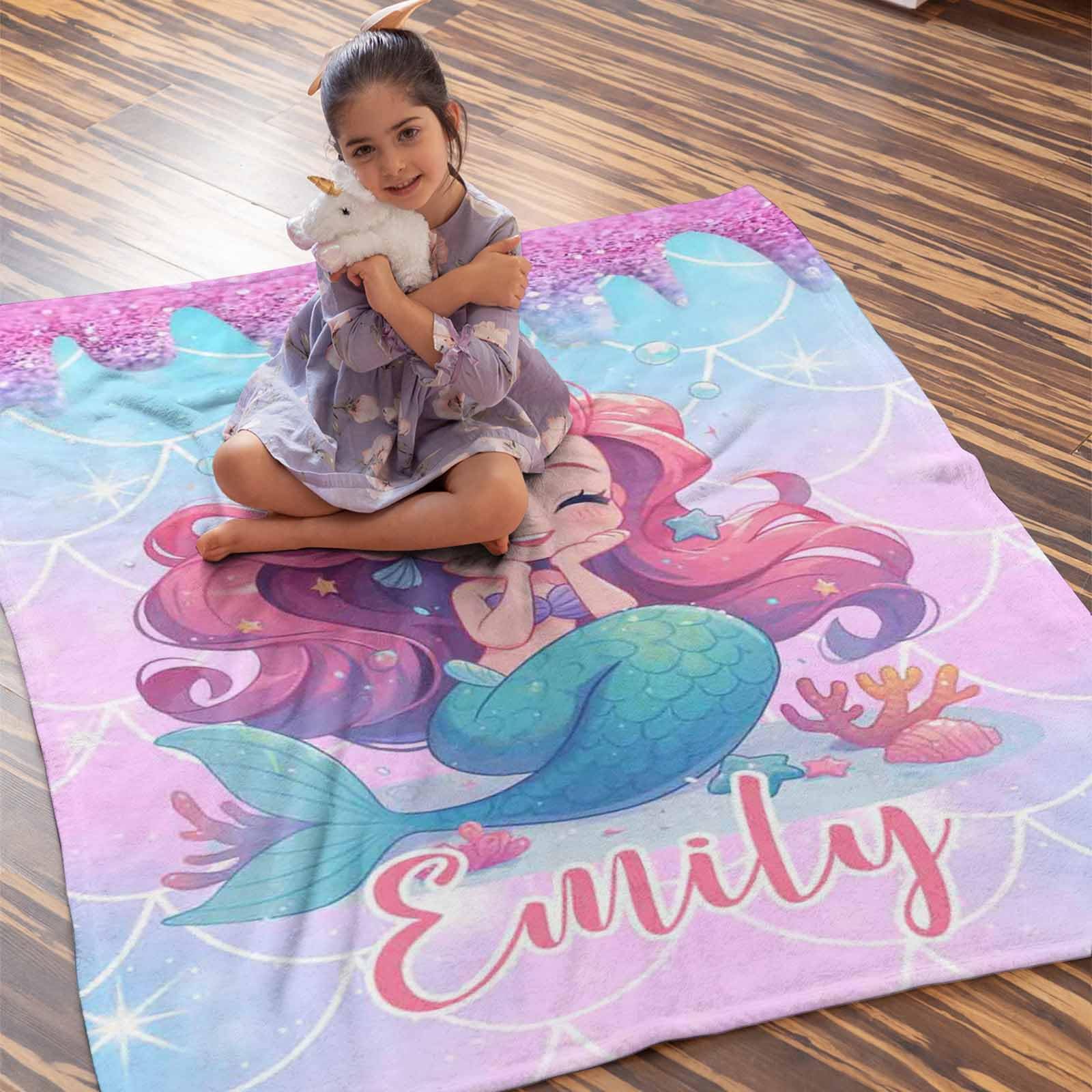 Jaydouble Custom Blankets with Name for Children, Personalized Gifts Black Mermaid Throw Blanket for Boys Girls