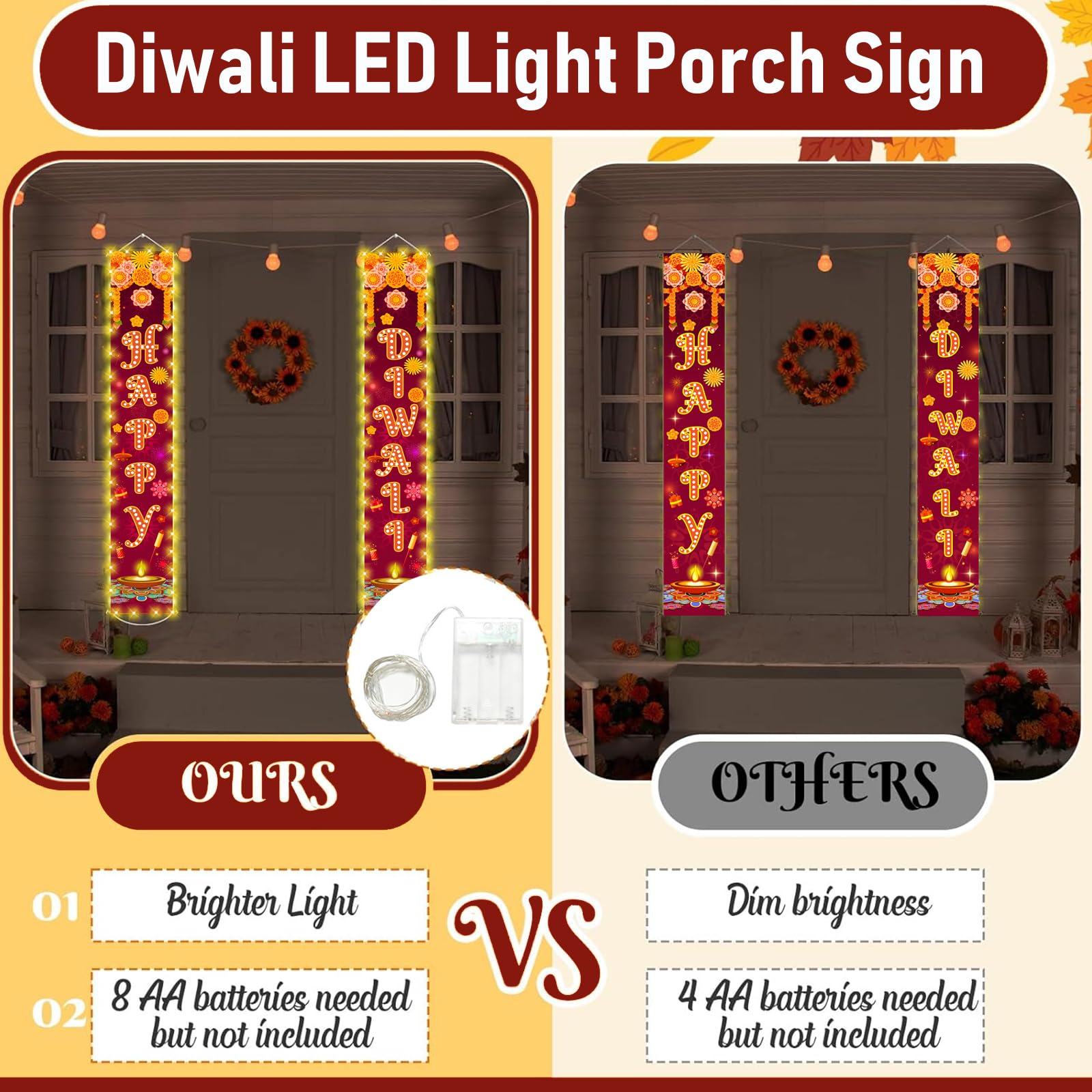 Diwali Door Hanging Banner Lighted Decorations Festival of Light Porch Sign with LED Light Deepavali Celebration Banner Party Indoor Outdoor Wall Decor