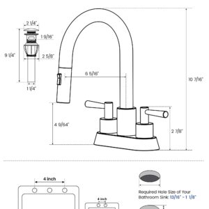 FELIXBATH Bathroom Sink Faucet with Pull Out Sprayer 2 Handles, Brushed Nickel Pull Down Bathroom Faucet 3 Holes, 4 Inch Sink Faucet Bathroom, 360 Degree Swivel Spout, Pop Up Drain Assembly Included