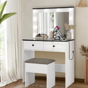 elifine 30" vanity desk with mirror and lights - farmhouse makeup vanity table and chair set, compact makeup desk with 2 drawers & power outlet for women girls (bw1 with stool)