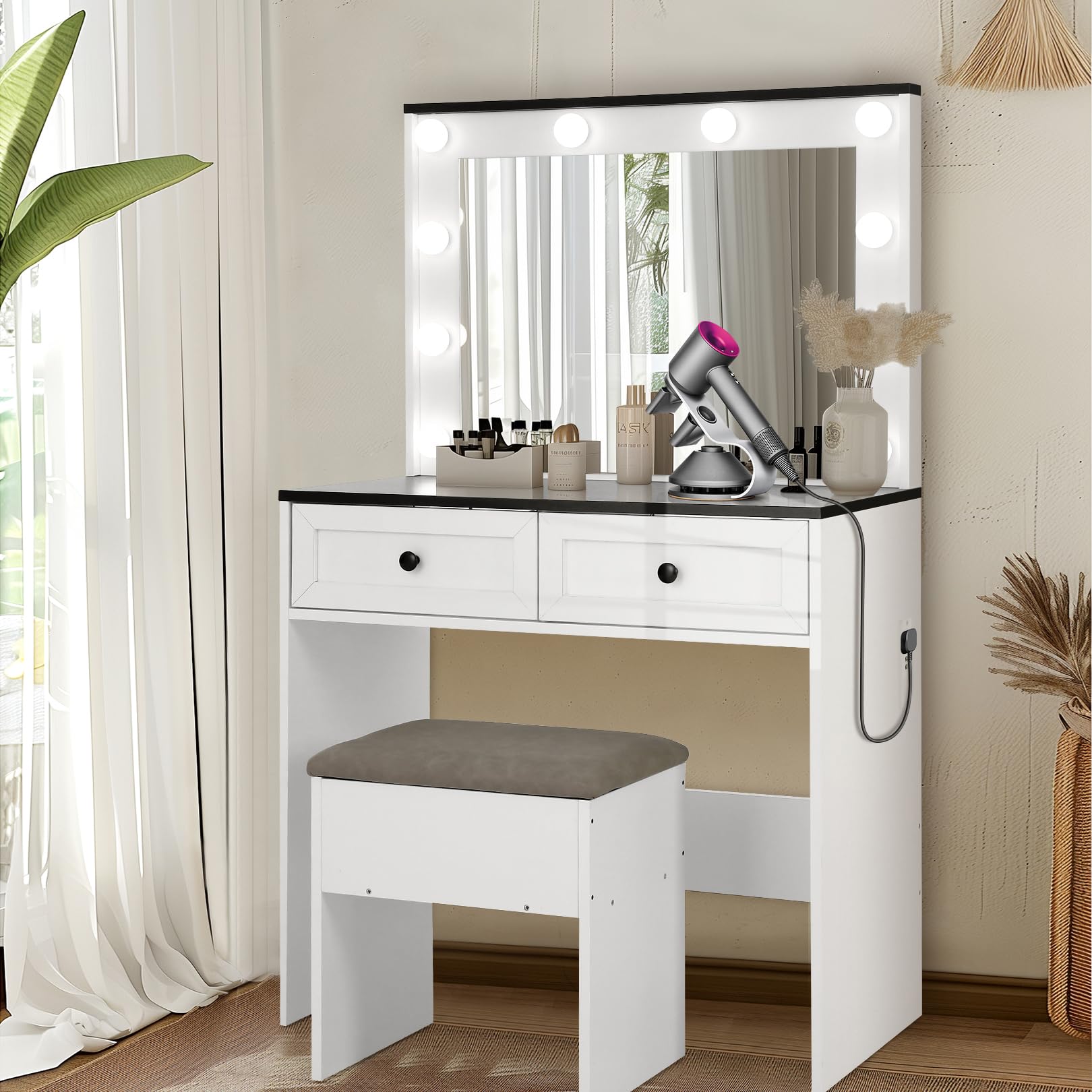 elifine 30" Vanity Desk with Mirror and Lights - Farmhouse Makeup Vanity Table and Chair Set, Compact Makeup Desk with 2 Drawers & Power Outlet for Women Girls (BW1 with Stool)