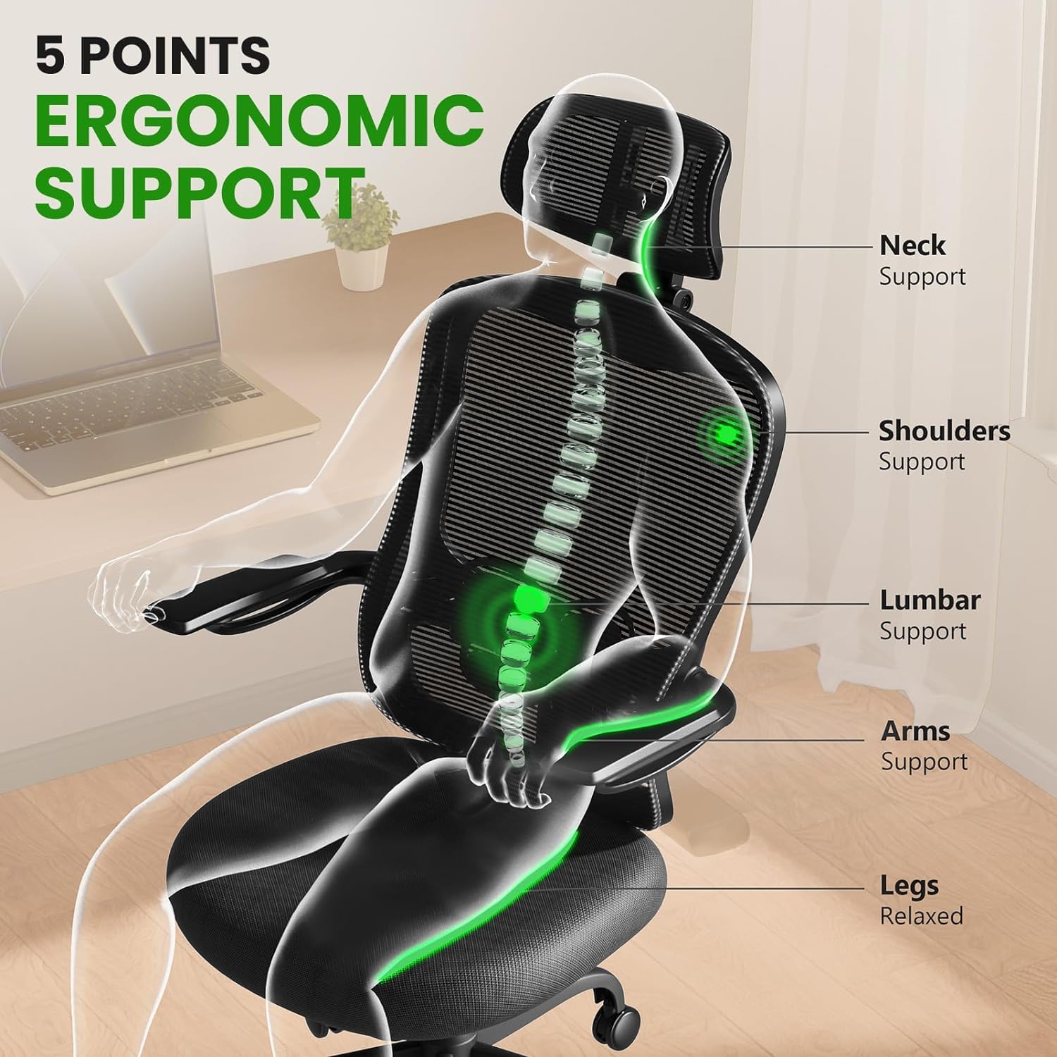 Ergonomic Office Chair Big and Tall - 6'5" Tall Max, 350Lbs Capacity Computer Desk Chairs Over 10 Hours Comfortable, with Adjustable Mesh High Back, Lumbar Support, 3D Headrest, Flip-up Arms