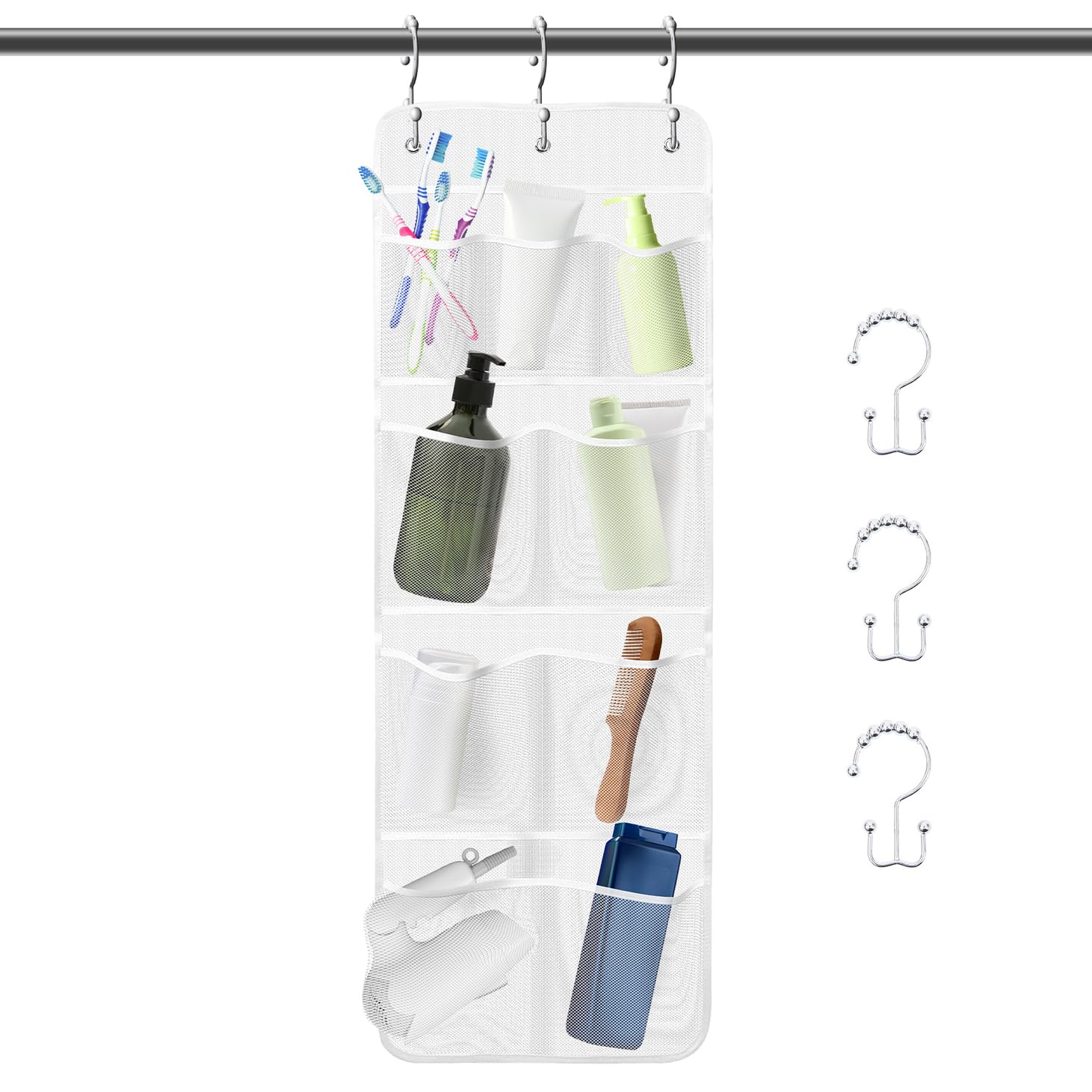 VOCHIC Shower Organizer with 3 Metal Loop Hangers, Thickened Shower Caddy or Bathroom Organizer with Quick Drying Mesh, Hanging Mesh 9 Pockets to Hold Shampoo, Soap, Loofah for Cruise Ship Essentials