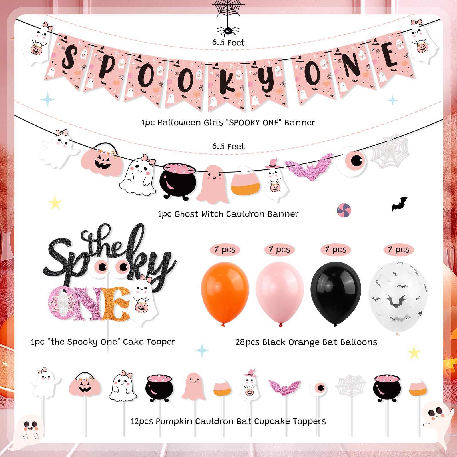 Girl Halloween 1st Birthday Party Decor Halloween Spooky One Banner Cute Ghost Cake Topper Balloon for Halloween Theme Little Boo First Birthday Happy Boo Day Baby Shower The Spooky One Party Supplies