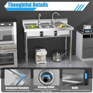 3 Compartment Sink Commercial Stainless Steel Utility Sink w/3*Drains, Outdoor Sink 3 Bay Sink Restaurant Sink, 39 * 17.7 * 37.4in