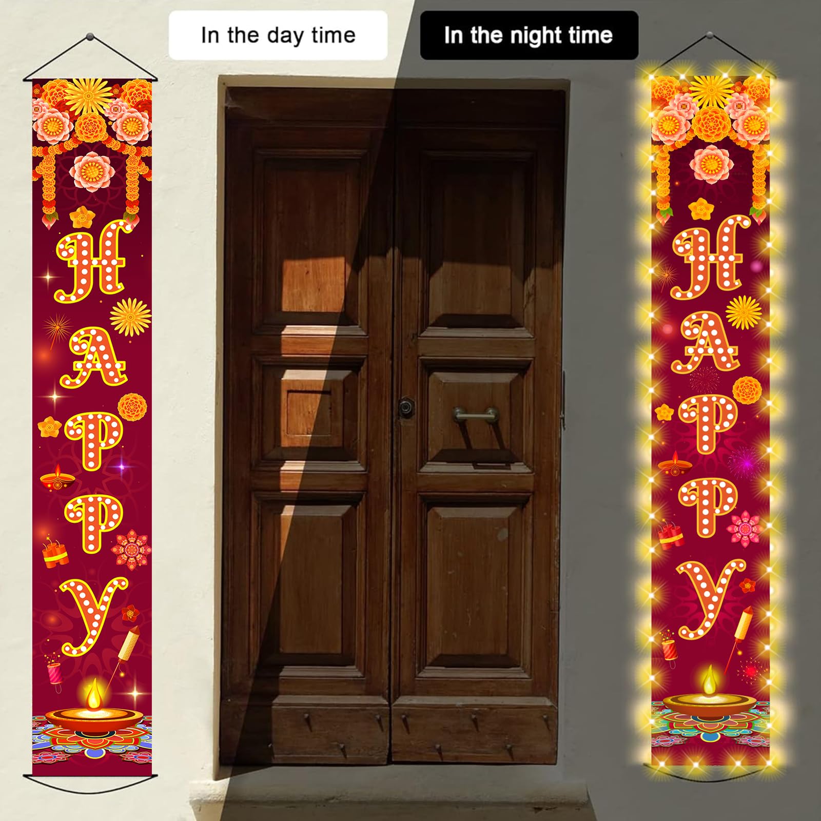 Diwali Door Hanging Banner Lighted Decorations Festival of Light Porch Sign with LED Light Deepavali Celebration Banner Party Indoor Outdoor Wall Decor