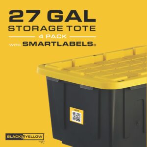 BLACK & YELLOW CX, 27-Gallon Heavy Duty Tough Storage Container with Smart QR Label for Easy Itemization, Weather-Resistant, Stackable Bin with Snap-Tight Lid (14.3”H x 20.6”W x 30.6”D) [4 Pack]