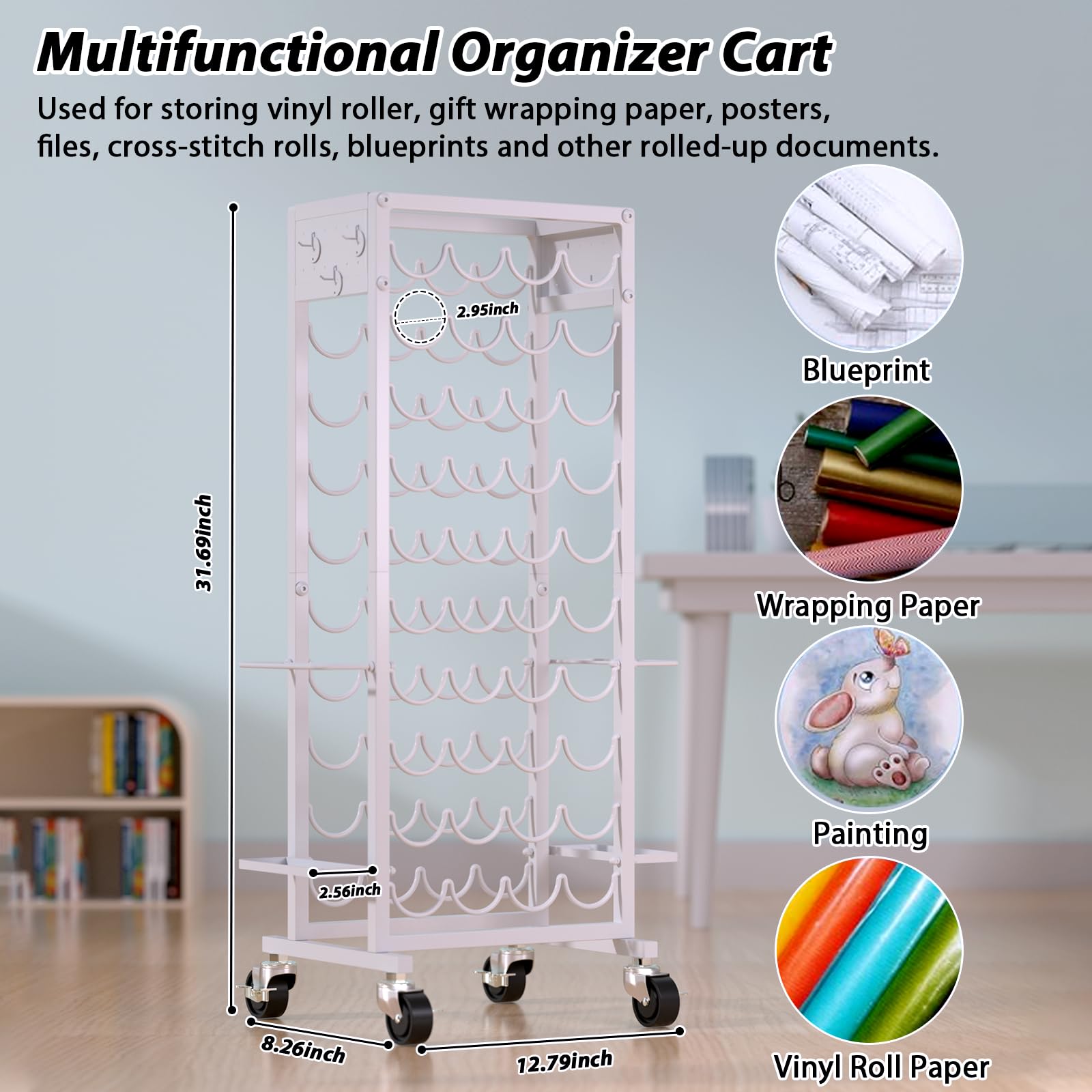 Mobile Vinyl Roll Holder Cart - 40 Compartments Vinyl Storage Organizer with 6 Hooks & Extra Vinyl Organizer Tray on 2 Side, Cricut Vinyl Storage Rack Gifts Wrapping Paper Holder for Home Craft Room