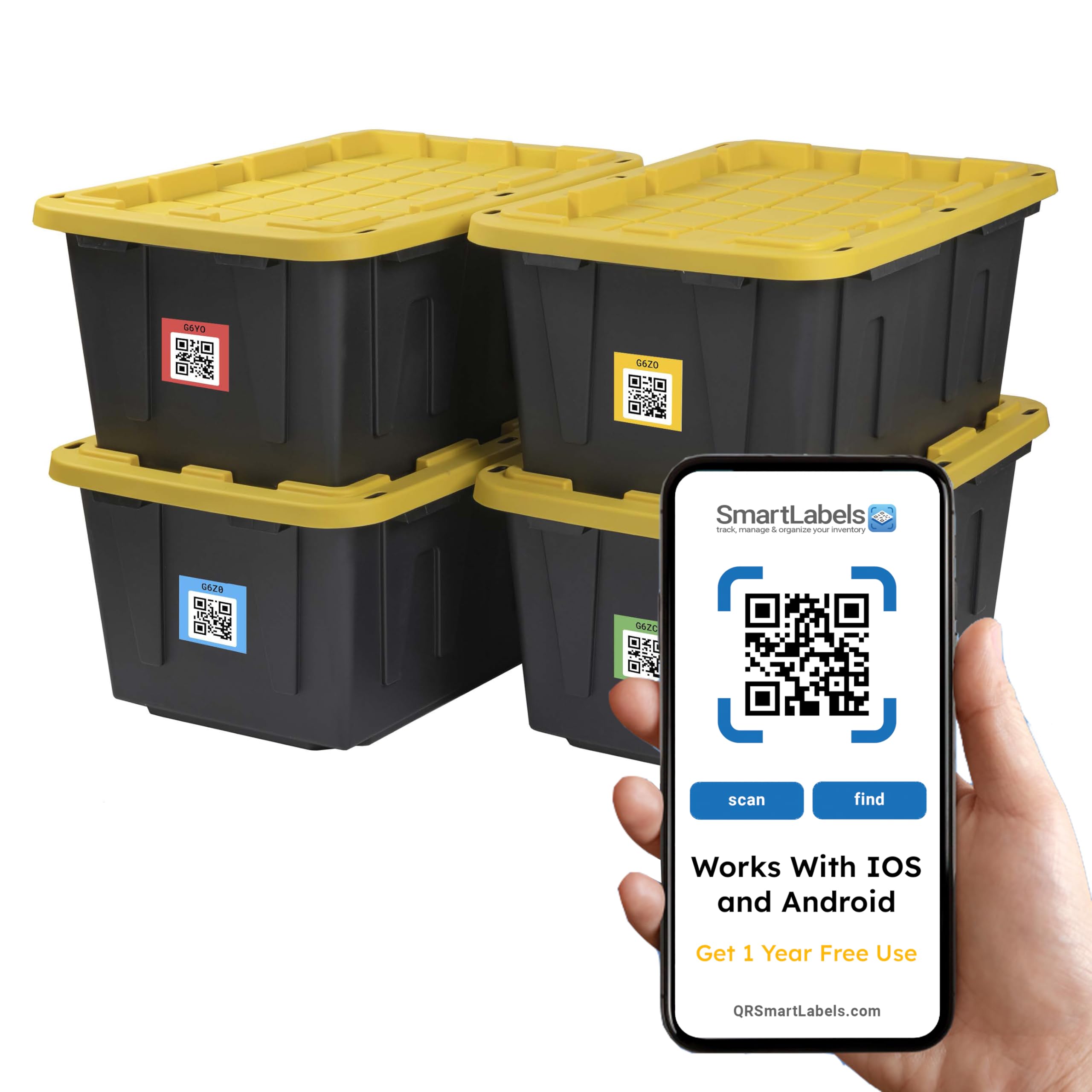 BLACK & YELLOW CX, 27-Gallon Heavy Duty Tough Storage Container with Smart QR Label for Easy Itemization, Weather-Resistant, Stackable Bin with Snap-Tight Lid (14.3”H x 20.6”W x 30.6”D) [4 Pack]