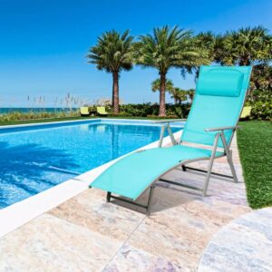 VcJta Patio Folding Chaise Lounge Chair with Turquoise Cushion Lightweight Recliner for Outdoor Relaxation & Comfort