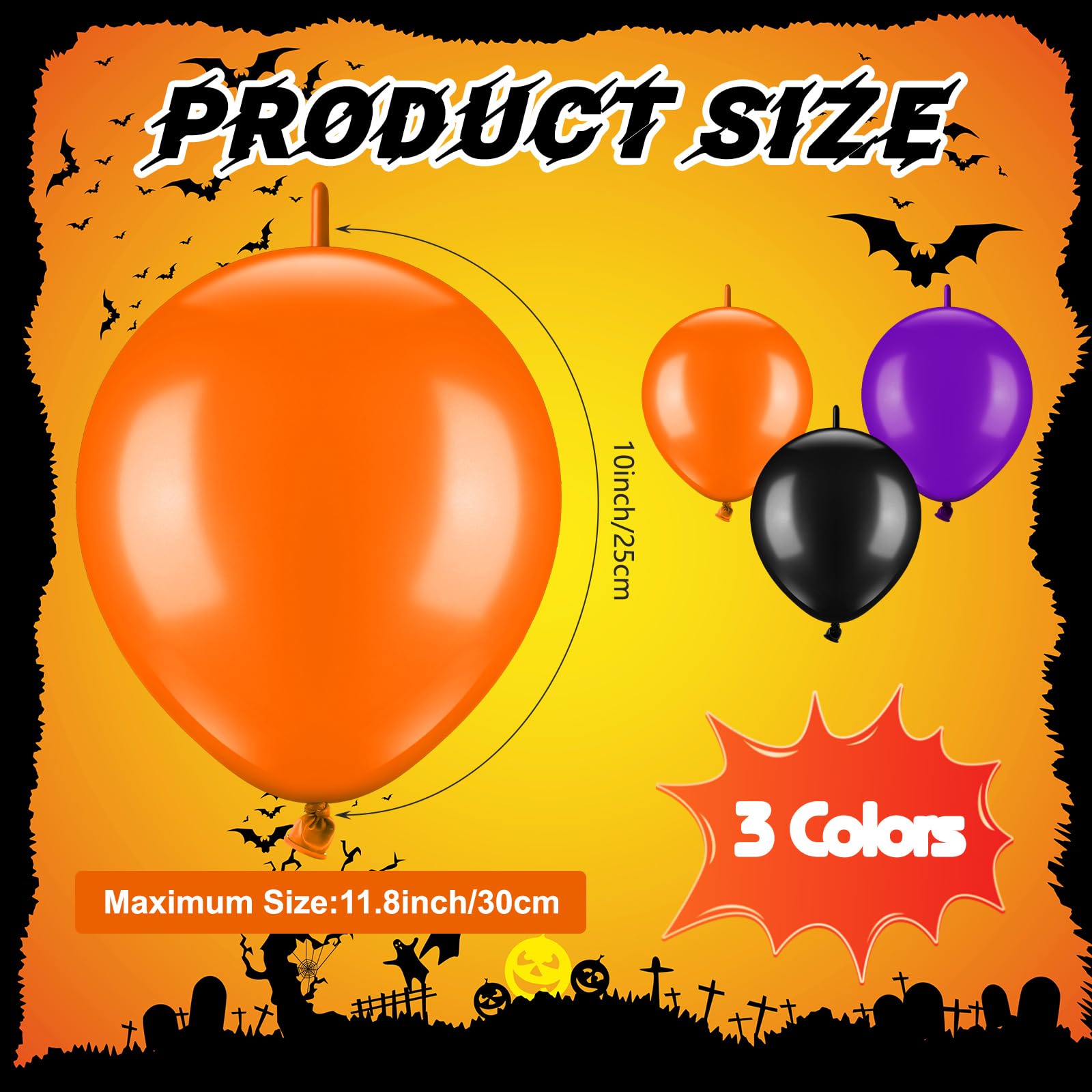 Seenelling 120 Pcs Link Balloon Linking Balloon Latex Linkable Balloons Decoration Connected Needle Tail Balloons for Wedding Anniversary Birthday Arch Party Supplies (Black Orange Purple,Halloween)