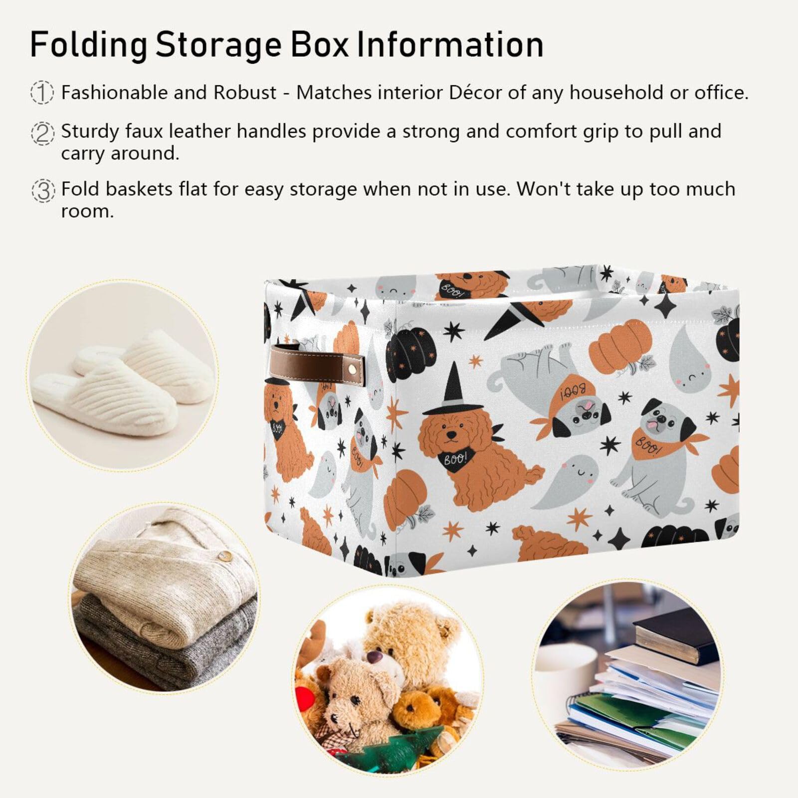 Kigai Halloween Dogs Storage Basket with Handles Collapsible Storage Bins Canvas Fabric Storage Organizer for Shelves Closet Bedroom Living Room 1Pack