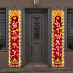 Diwali Door Hanging Banner Lighted Decorations Festival of Light Porch Sign with LED Light Deepavali Celebration Banner Party Indoor Outdoor Wall Decor