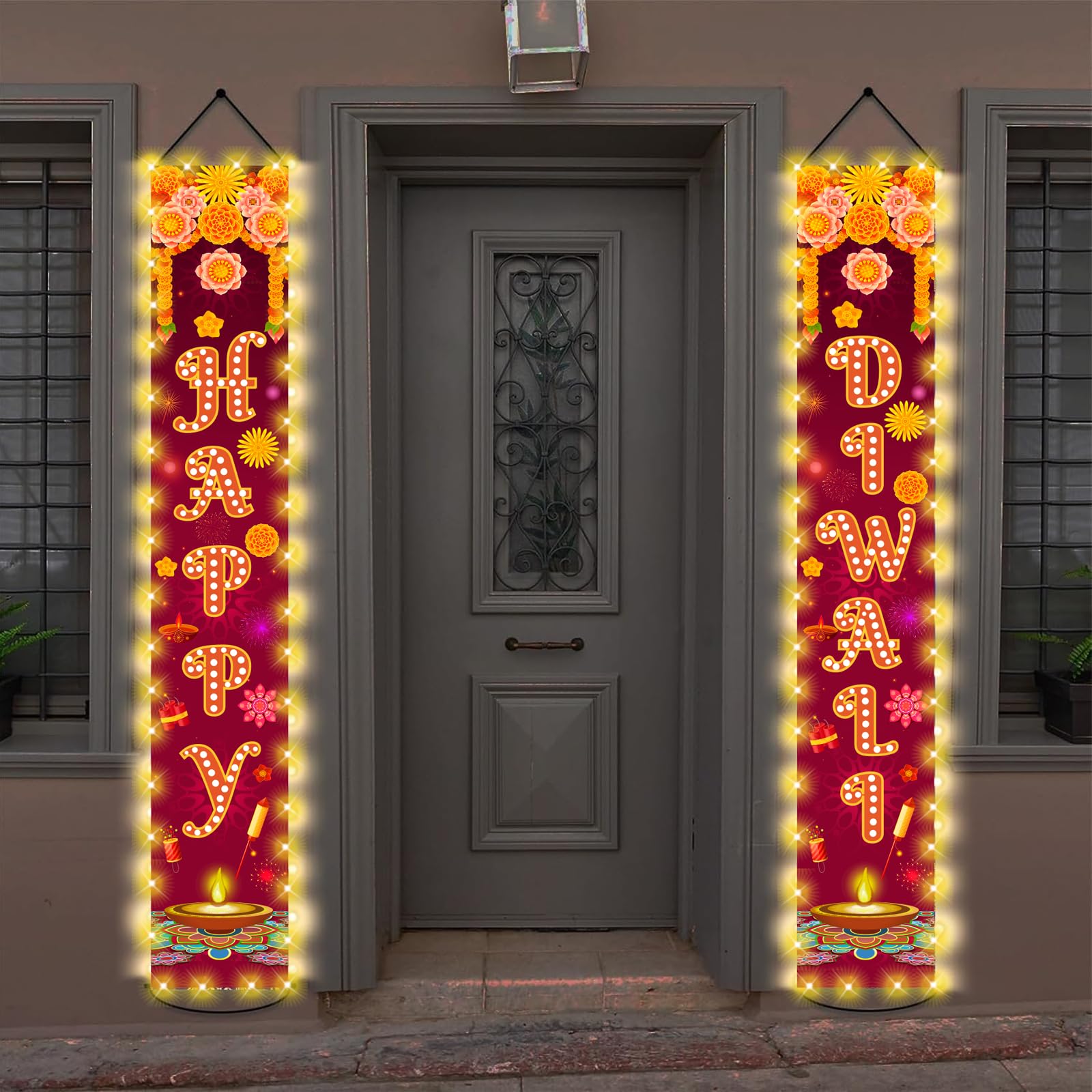 Diwali Door Hanging Banner Lighted Decorations Festival of Light Porch Sign with LED Light Deepavali Celebration Banner Party Indoor Outdoor Wall Decor