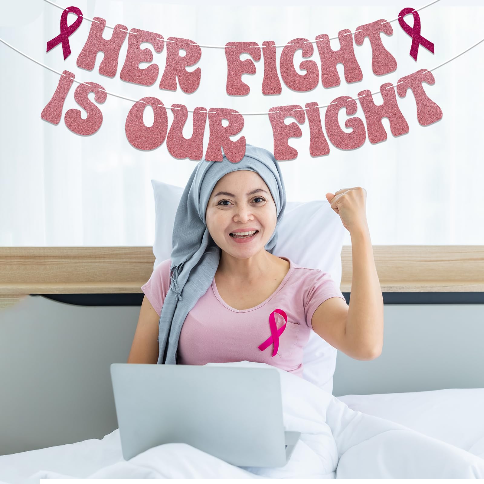 Her Fight is Our Fight Banner - Breast Cancer Awareness Party Decorations, Cancer Free Banner, Peace Out Chemo Decorations, The Breast Cancer Awareness Month Decorations Rose Gold Glitter