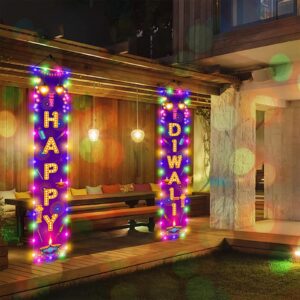 Diwali Door Hanging Banner Lighted Decorations Festival of Light Porch Sign with LED Light Deepavali Celebration Banner Party Indoor Outdoor Wall Decor