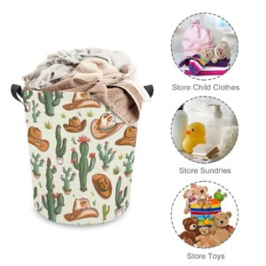 TsyTma Western Themed Cactus Laundry Basket Cowboy Small Laundry Hamper Collapsible Clothes Hamper with Handles Round Toy Organizer Bin for Kid's Room Office Nursery Hamper Home Decor