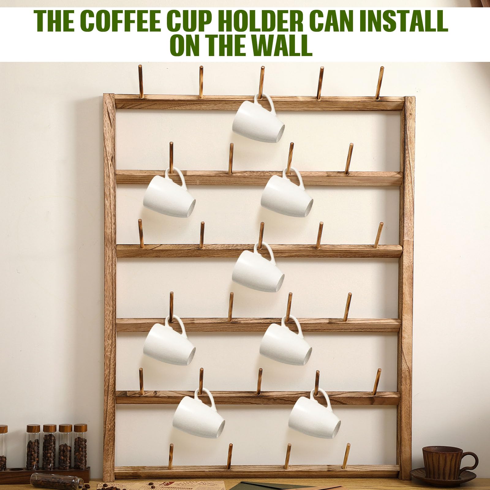 Blosssound Wall Mounted Oversize Coffee Mug Rack Rustic Wood Mug Rack Wall Mounted Storage for 27 Cups Mug Holder Wall Mounted Jar Plate Holder for Home Display and Collection, 34 x 26.75 x 4 Inches