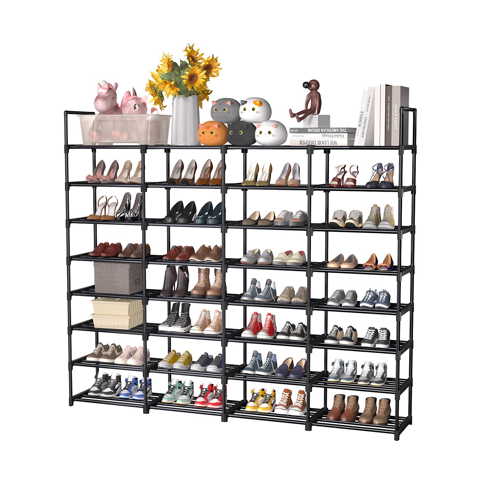 Simple Trending 8-Tier Large Shoe Rack Holds 64 Pairs, Tall Shoe Organizer Storage Shelf can DIY Style with Metal Pipes for Entryway, Closet, Bedroom,Garage, Black