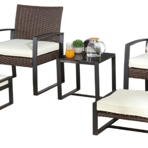 ARTLOFT 5 Pieces Patio Bistro Set, Outdoor Wicker Furniture Set Modern Rattan Patio Chairs with Side Table & Ottomans, Patio Conversation Sets for Balcony, Apartment, Porch, Garden (White)