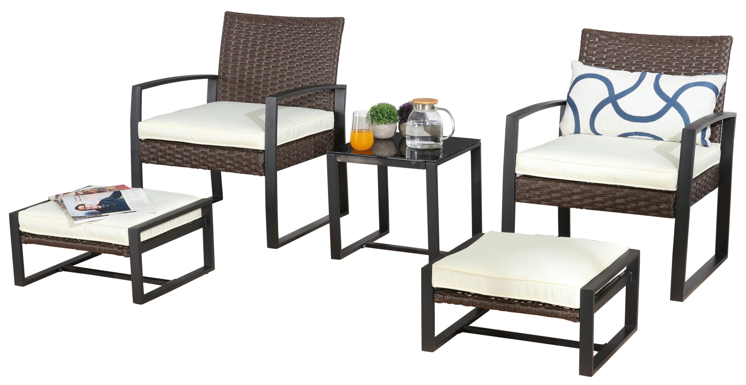 ARTLOFT 5 Pieces Patio Bistro Set, Outdoor Wicker Furniture Set Modern Rattan Patio Chairs with Side Table & Ottomans, Patio Conversation Sets for Balcony, Apartment, Porch, Garden (White)