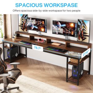 Tribesigns Two Person Desk with Monitor Stand, 78.74" Long Double Computer Office Desk with Storage Shelves, Large Gaming Desk Study Writing Table Workstation for Home Office (Rustic Brown)