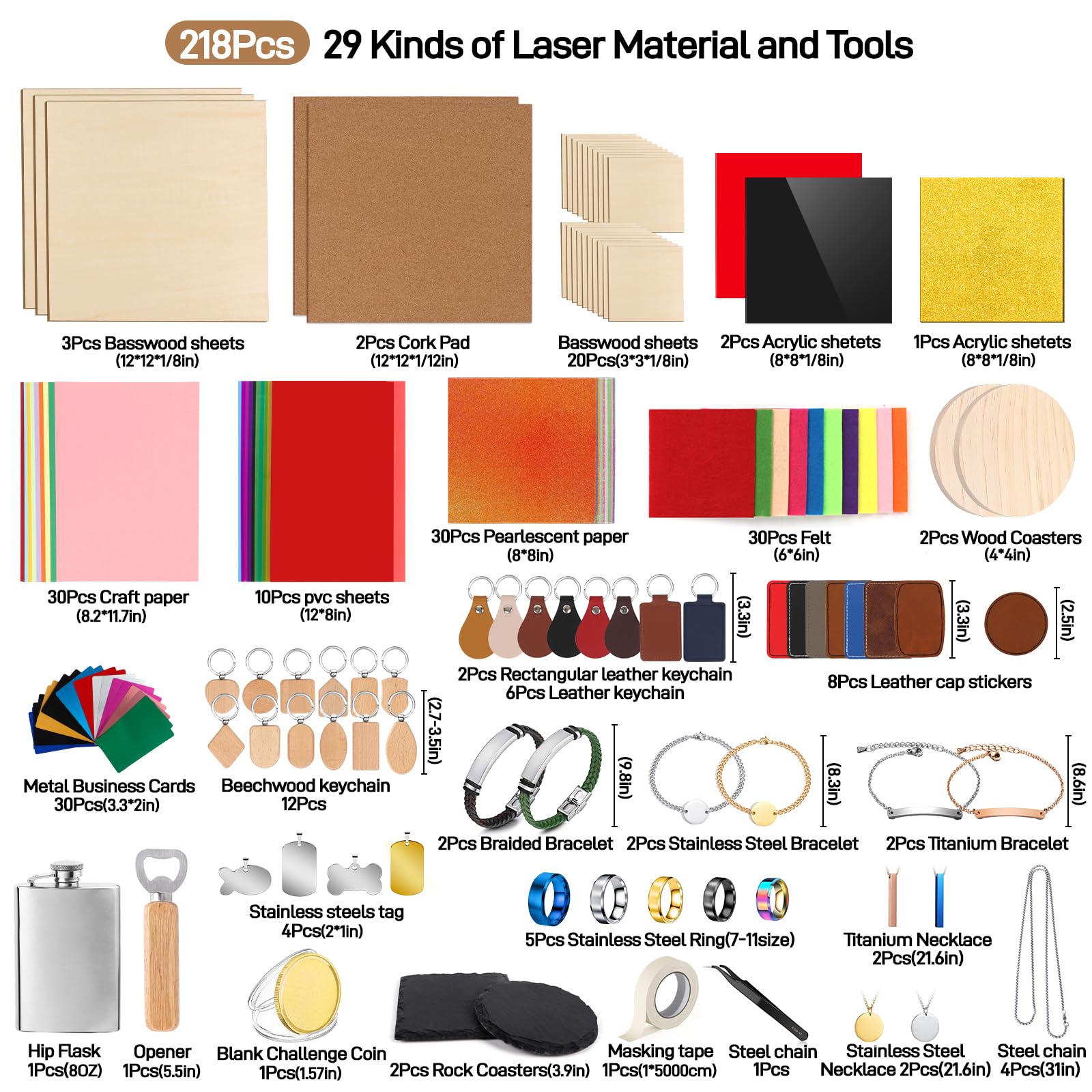 Adrattnay Laser Material Explore Kit, 218PCS Laser Engraving Material for Laser Crafting, 29 Kinds Laser Material Includes Basswood, Acrylic, Leather, Metal Necklace Bracelet Ring for Laser Engraver