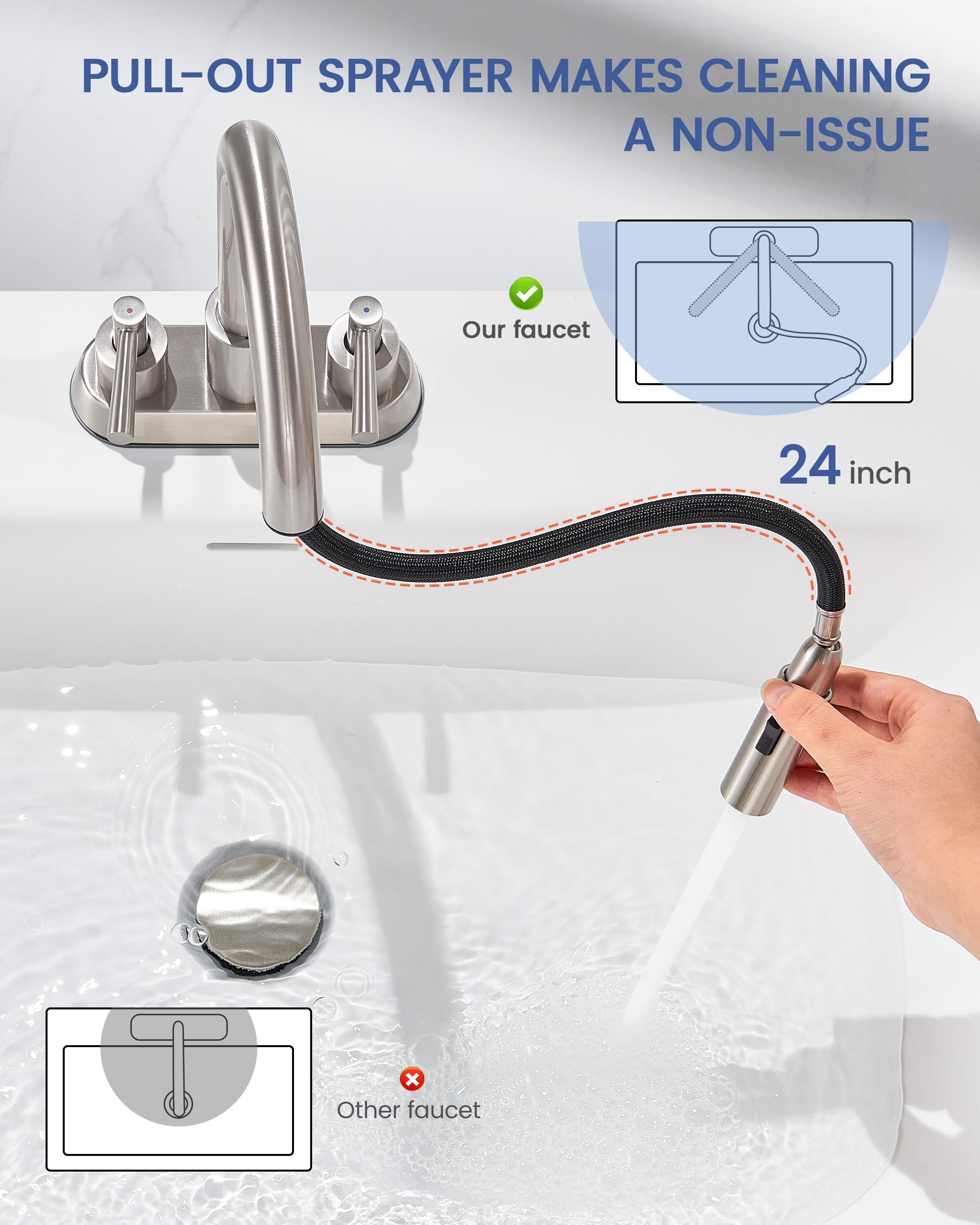 FELIXBATH Bathroom Sink Faucet with Pull Out Sprayer 2 Handles, Brushed Nickel Pull Down Bathroom Faucet 3 Holes, 4 Inch Sink Faucet Bathroom, 360 Degree Swivel Spout, Pop Up Drain Assembly Included