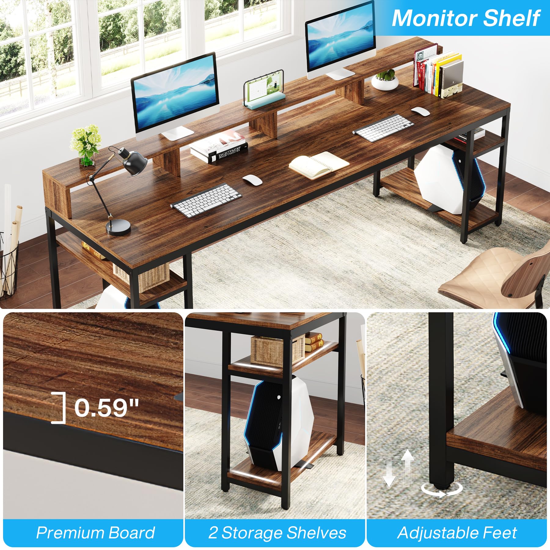 Tribesigns Two Person Desk with Monitor Stand, 78.74" Long Double Computer Office Desk with Storage Shelves, Large Gaming Desk Study Writing Table Workstation for Home Office (Rustic Brown)