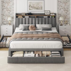 EnHomee Queen Bed Frame with 3 Drawers Upholstered Bed Frame Queen Size with Headboard, Queen Size Bed Frame, Queen Bed Frame with Storage, No Box Spring Needed, No-Noise, Easy Assembly, Grey