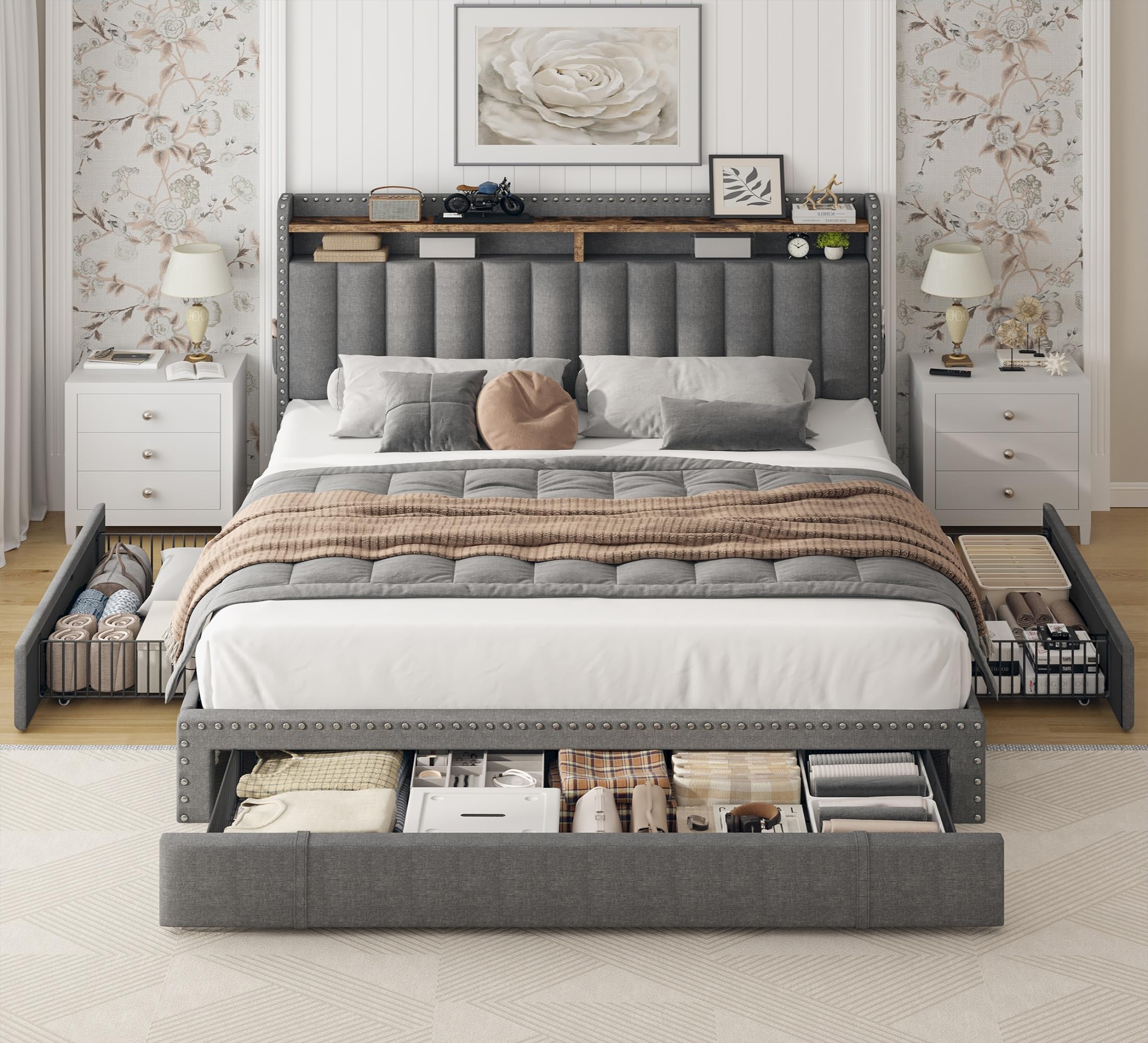 EnHomee Queen Bed Frame with 3 Drawers Upholstered Bed Frame Queen Size with Headboard, Queen Size Bed Frame, Queen Bed Frame with Storage, No Box Spring Needed, No-Noise, Easy Assembly, Grey