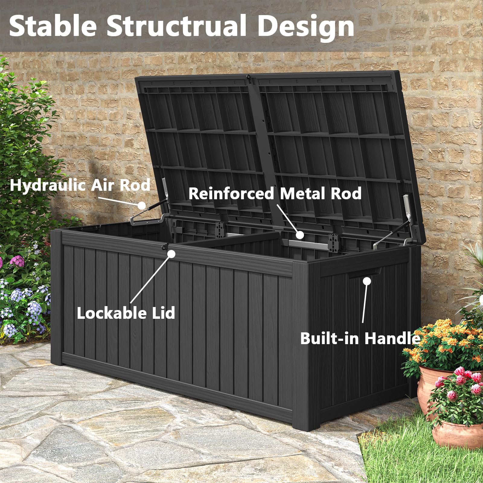 LHBGO 180 Gallon Deck Box Large Outdoor Storage for Patio Furniture,Outdoor Cushions, Garden Tools, Sports Equipment and Pool Supplies, Waterproof, Resin, Lockable, Black