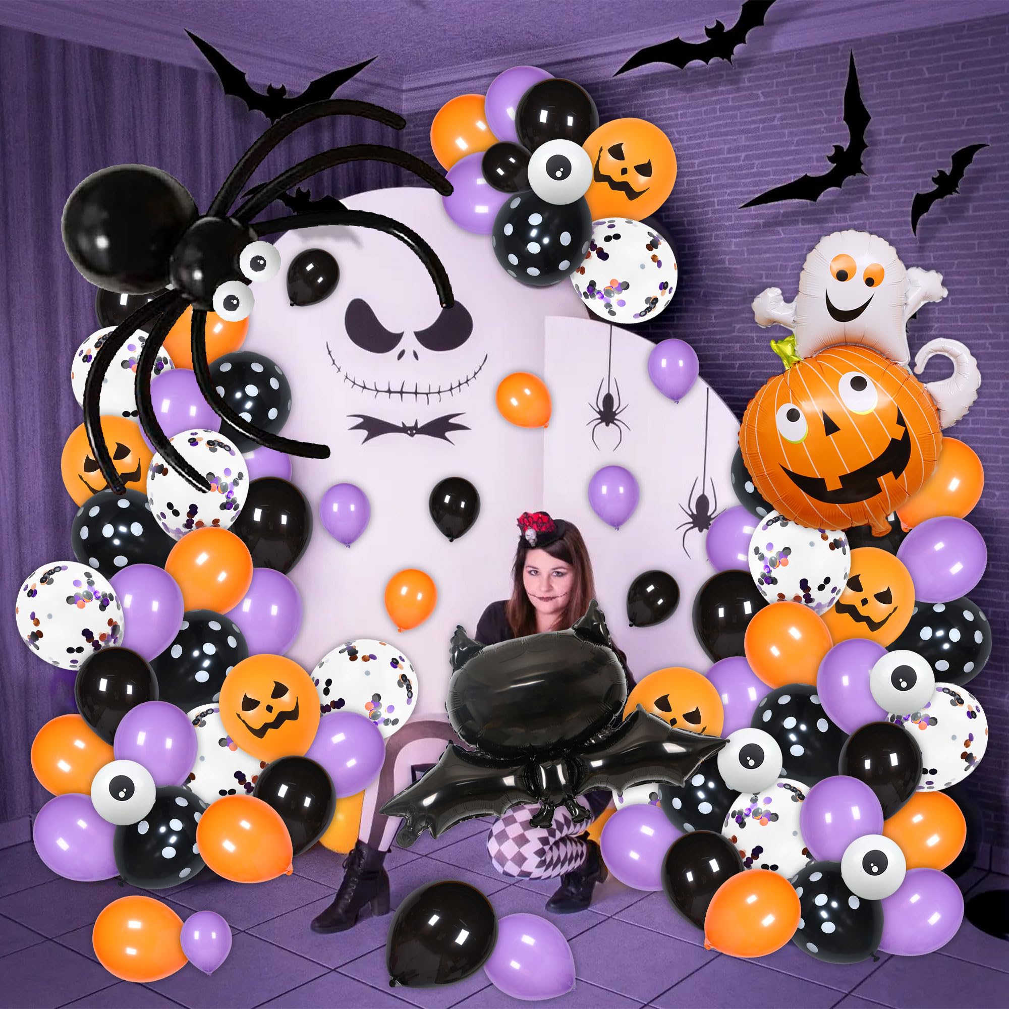 151 PCS Halloween Balloon Arch Kit,Black Orange Purple Halloween Balloon Garland with Boo Letter Ghost Pumpkin 3D Bats Skulls Halloween Foil Balloons,Halloween Party Decorations Kit