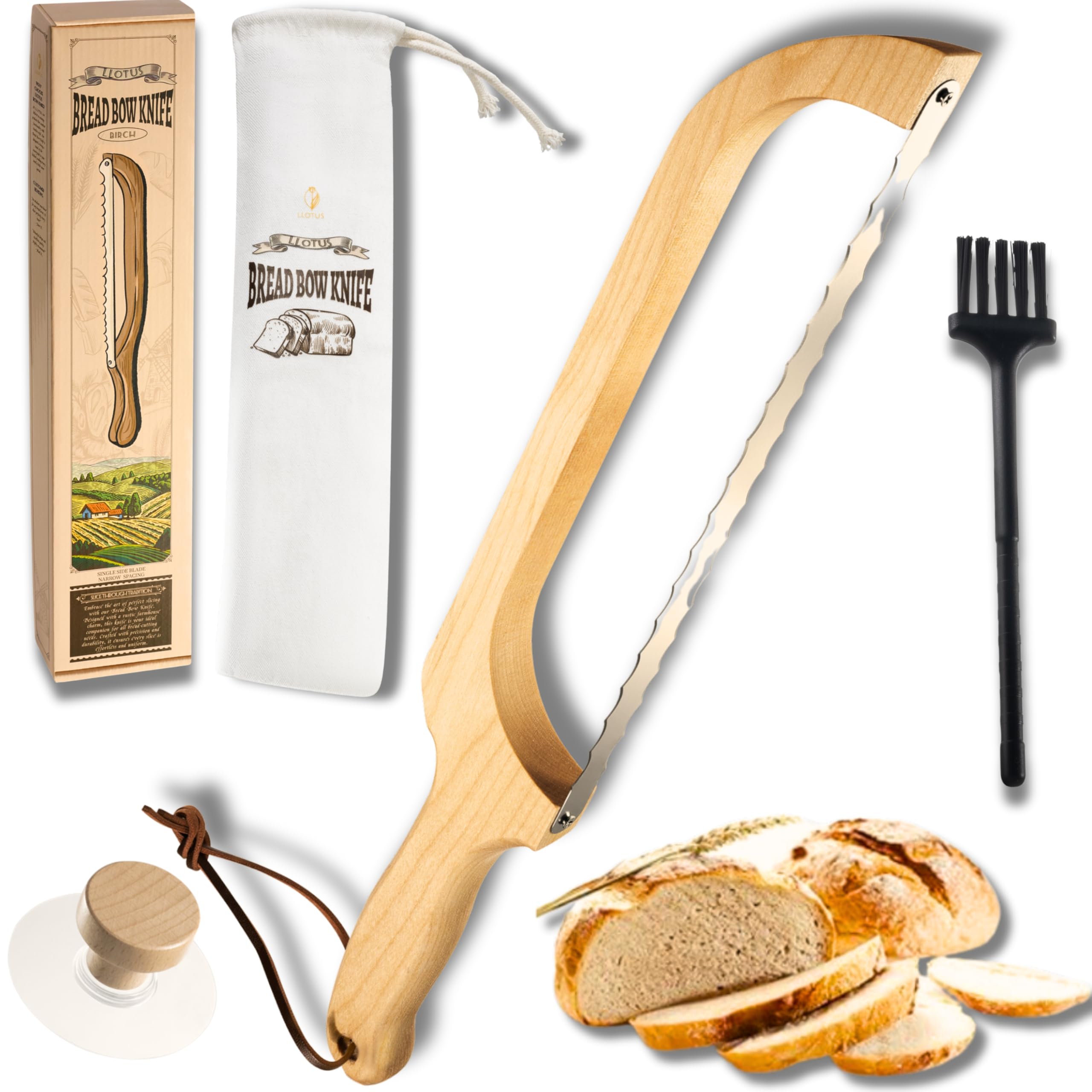 Double-Edged Bread Knife Package Slicer for Sourdough Bread, 16.5" Premium Wooden Bow Design, Premium Stainless Steel Serrated Saw, Cutter for cutting Loaf, Sandwich, Bagels, Homemade Bread (Birch)