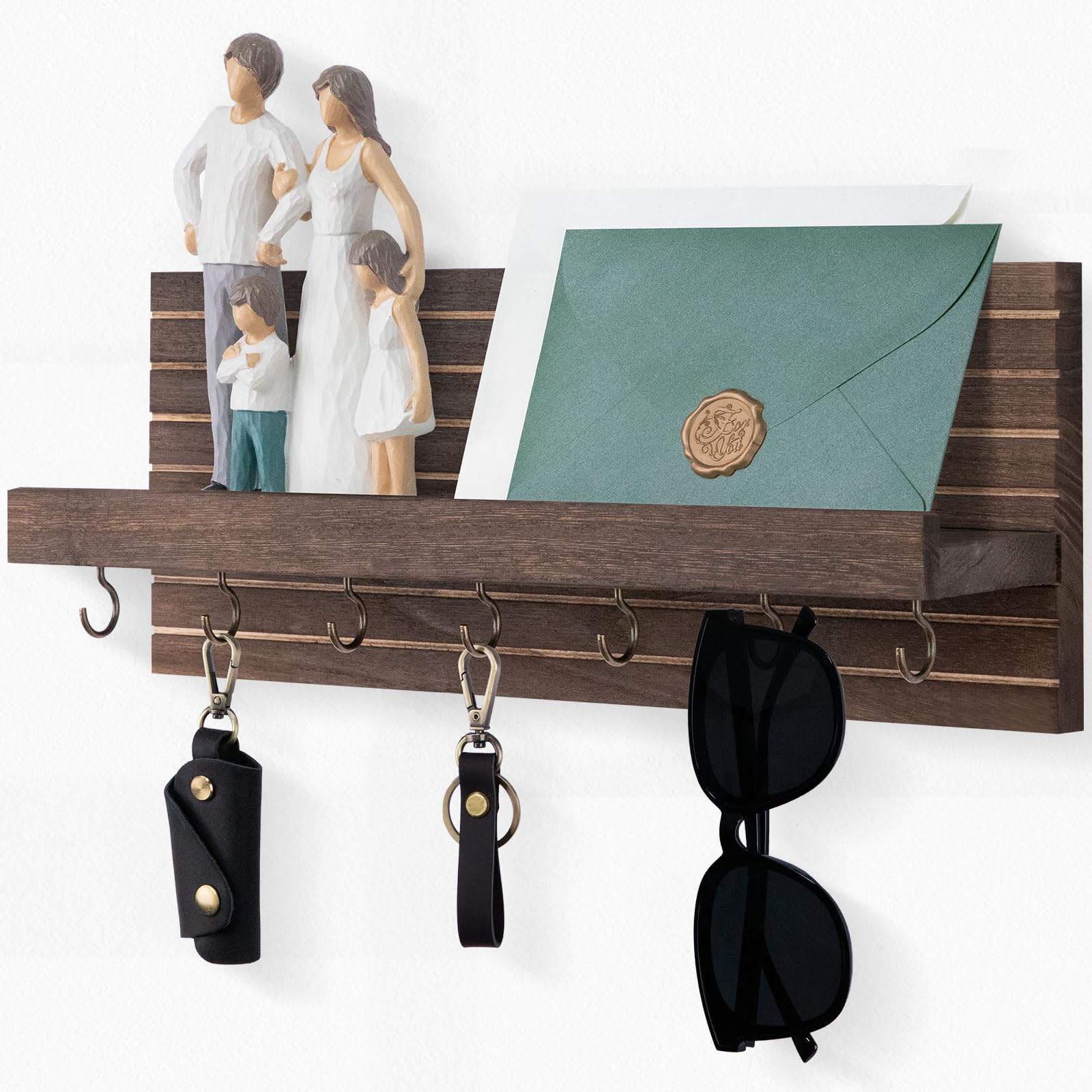 Lwenki Key Holder Wall Mount, Entryway Mail Organizer with Shelf, Decorative Key Hanger with 7 Hooks Holds Leashes and Glasses, Includes Mounting Hardware (13.8” x 5.3” x 3.2”)