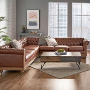 acosure 6 seat sectional l shaped leather sofa with solid wood legs,modular couches with tufted backrest and metal rivets,for living room,apartment,light brown