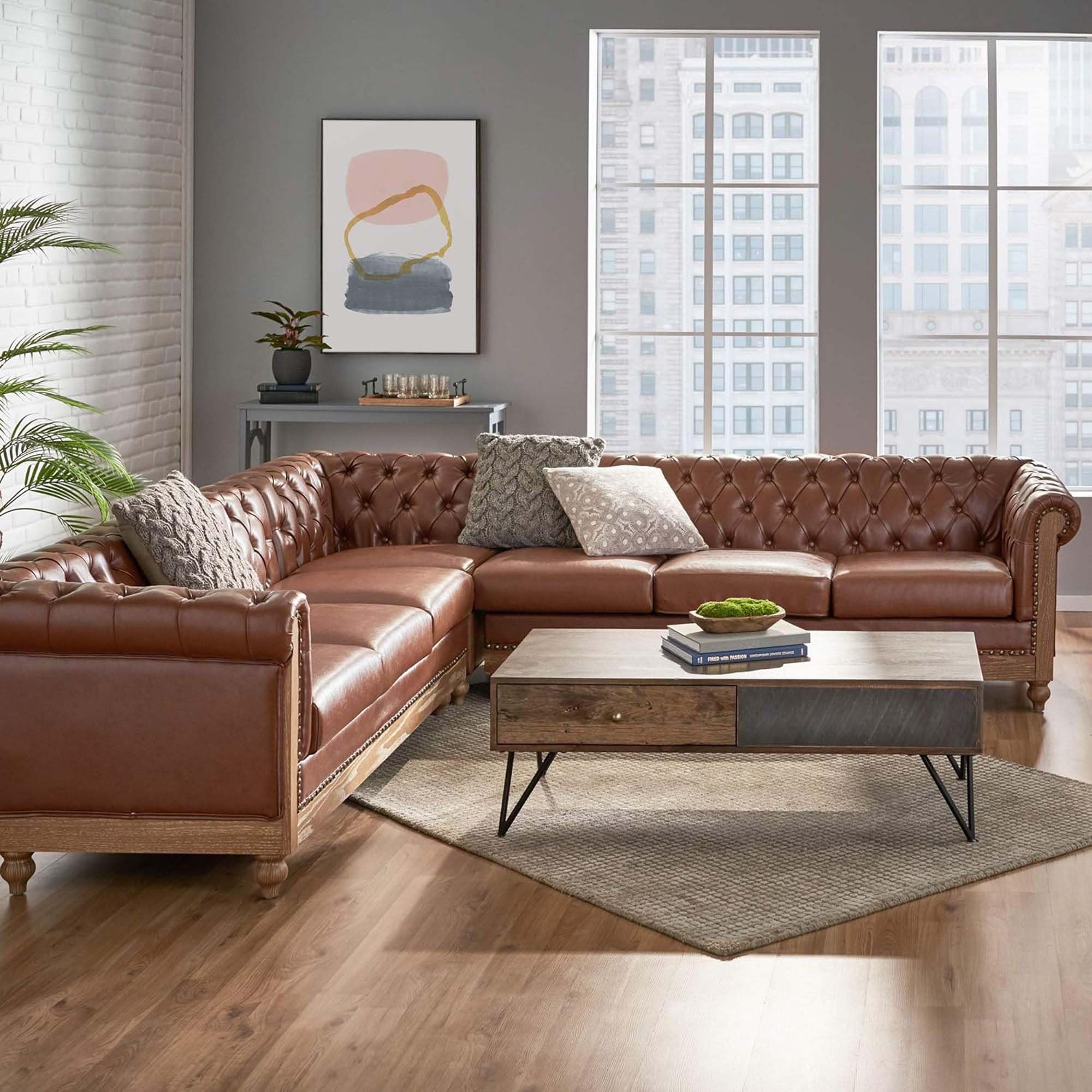 Acosure 6 Seat Sectional L Shaped Leather Sofa with Solid Wood Legs,Modular Couches with Tufted Backrest and Metal Rivets,for Living Room,Apartment,Light Brown