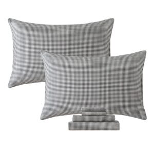 fadfay black plaid queen size sheets 100% cotton geometric checker bedding teens grid white gingham pattern college bedding deep pocket sheets with 2 pillowcases ultra soft 4pcs, queen size