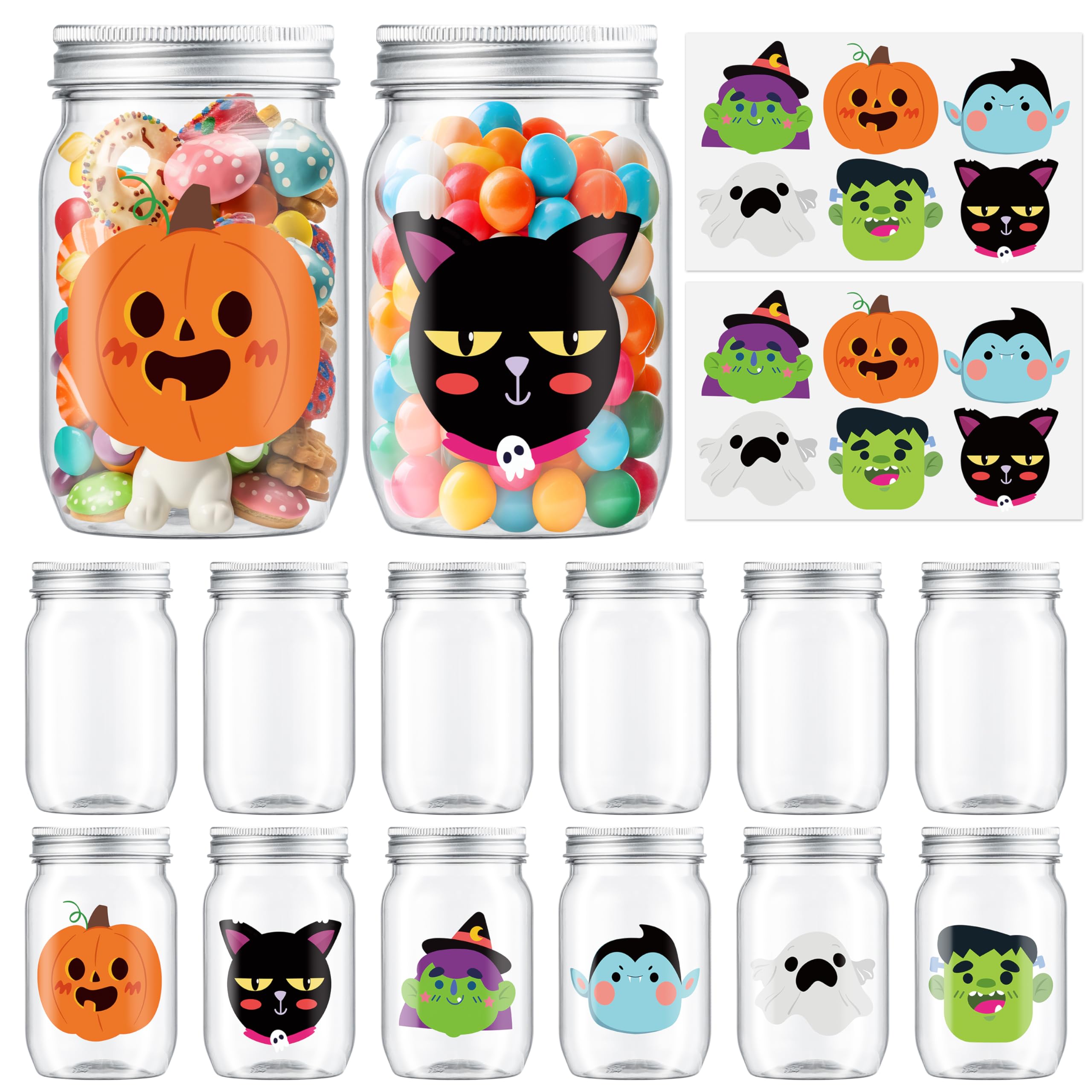 JAPBOR Halloween Candy Jars Containers - 14PCS Halloween Small Plastic Cookie Candy Jar with Lid Pumpkin Ghost Sticker Decoration, DIY Sugar Storage Dish Craft, Halloween Party Favor Gift Bottle Decor